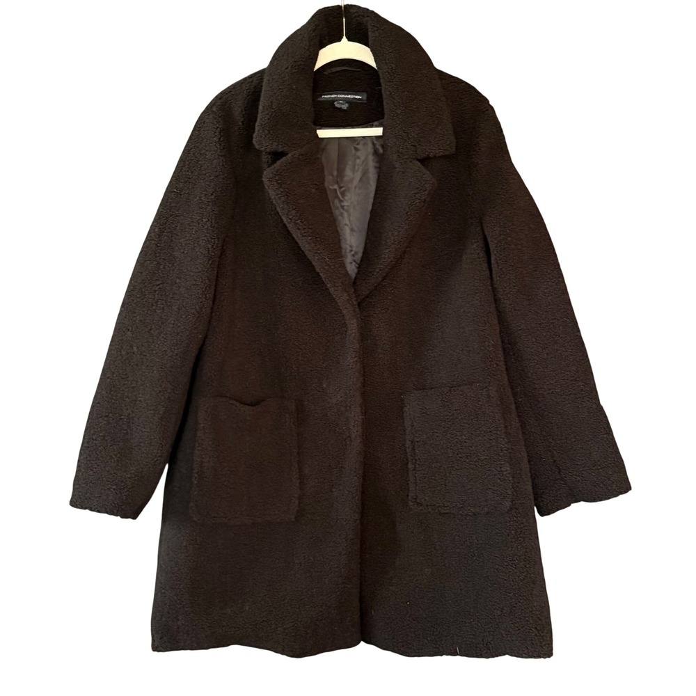 $200 French Connection Black‎ Teddy Faux Fur Boucle Coat Size XL Notched Lapel